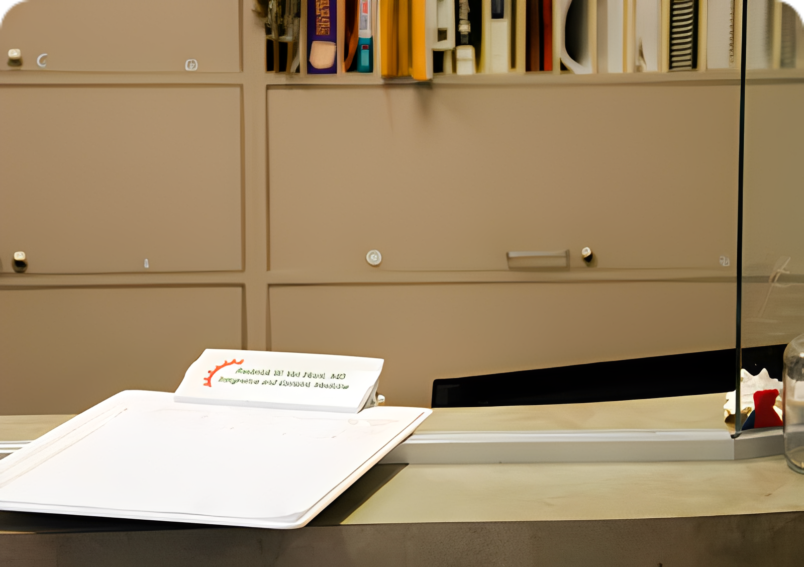 Reception desk with files and notice.