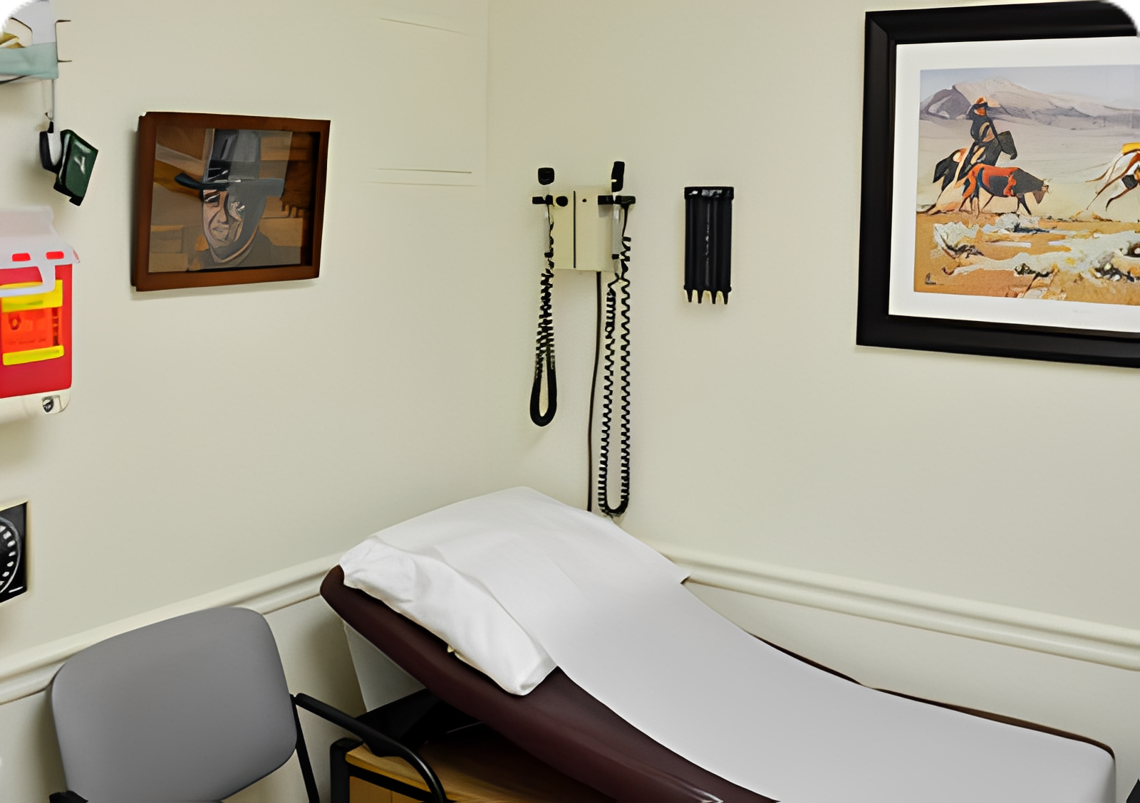 Medical examination room with artwork and equipment.